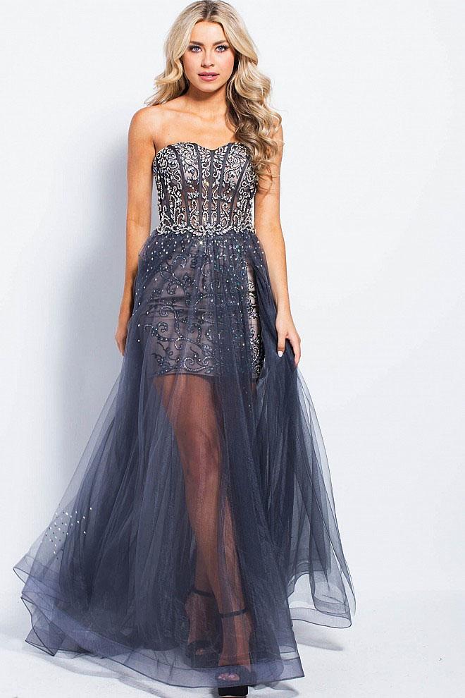 Jovani - JVN55886 Strapless Embellished Sweetheart A-line Dress Special Occasion Dress 0 / Charcoal