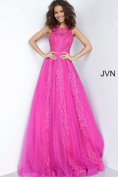 Jovani - JVN59046 Embellished Sleeveless Tulle Gown Prom Dresses 00 / Fuchsia
