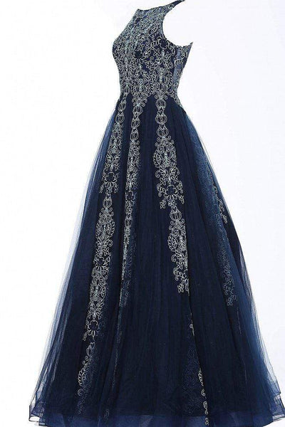 Jovani - JVN59046 Embellished Sleeveless Tulle Gown Prom Dresses 00 / Navy/Aqua