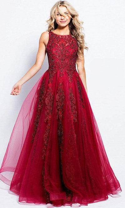 Jovani - JVN59046 Embellished Sleeveless Tulle Gown Prom Dresses 00 / Wine