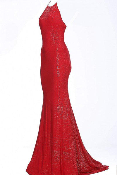 Jovani - JVN60137 Sequined Jersey Halter Long Gown Pageant Dresses 00 / Red