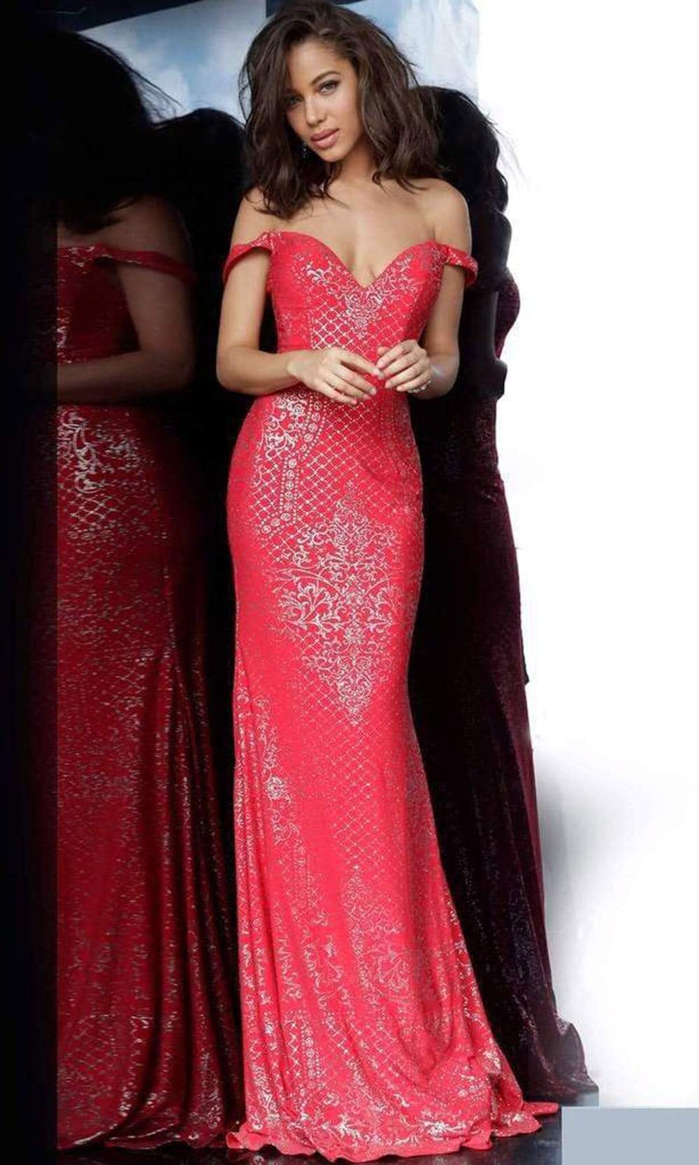 Jovani - JVN60139 Patterned Sparkle Off Shoulder Long Gown Evening Dresses