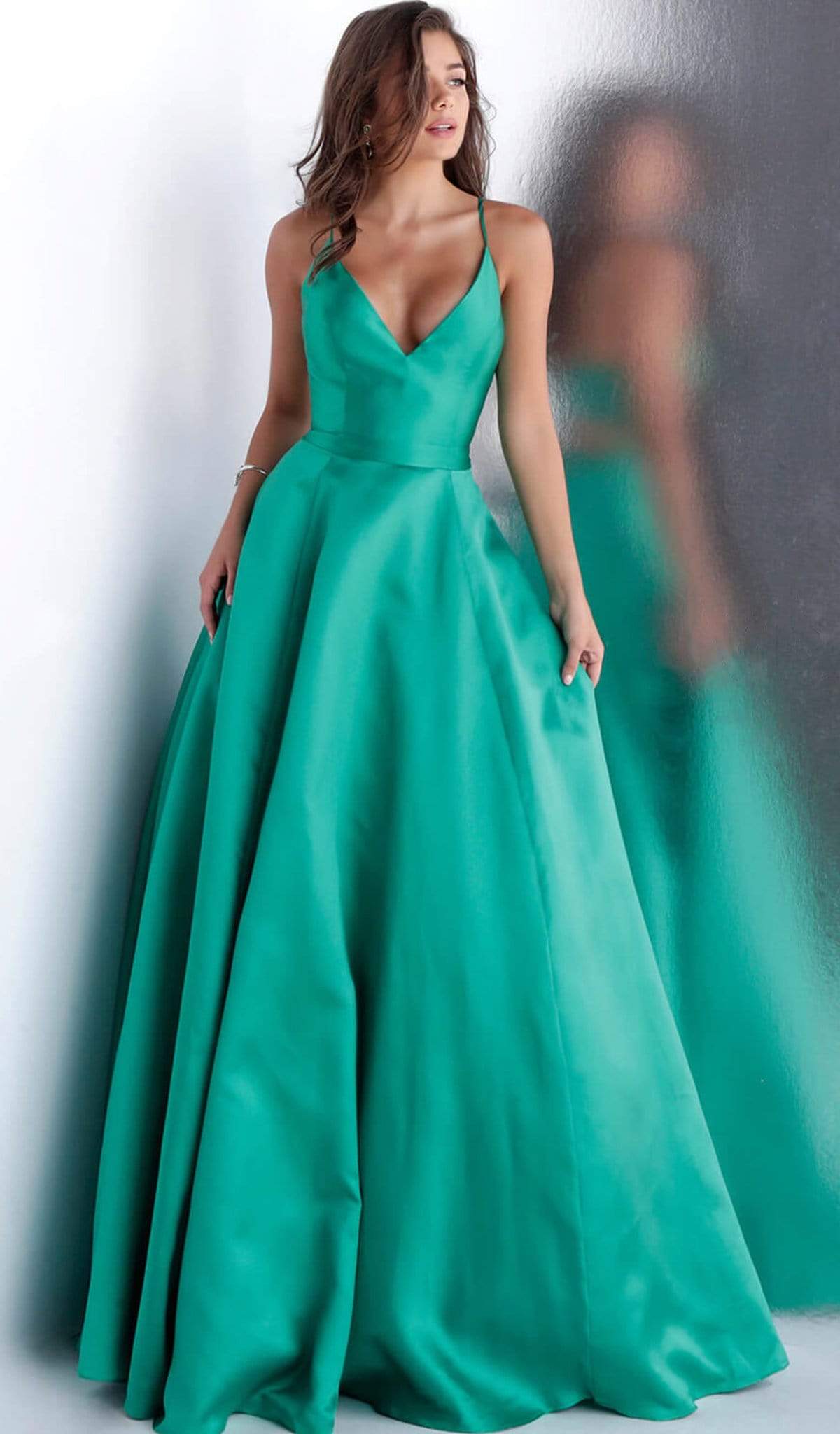 Jovani - JVN66673 Plunging V-neck Ballgown With Cutout in Green