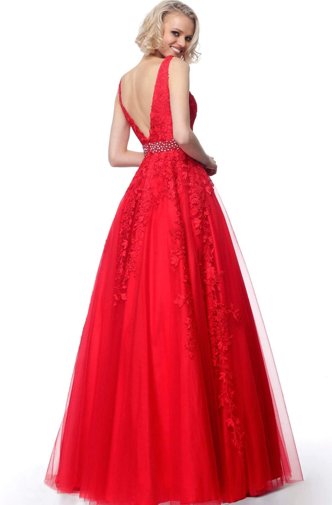 Jovani - JVN68258 Embellished Lace Deep V-neck Ballgown Special Occasion Dress