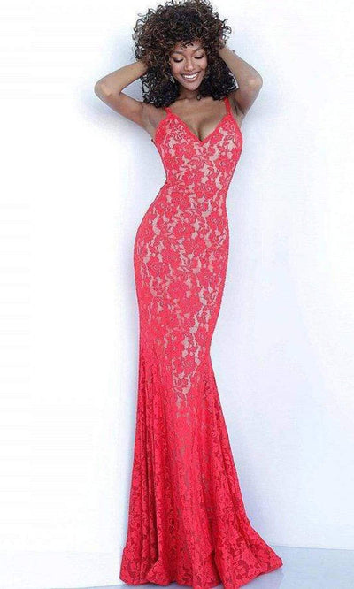 Jovani - Lace V-Neck Trumpet Dress 68005ASC - 2 pc Red In Size 4 and 6 Available In Red