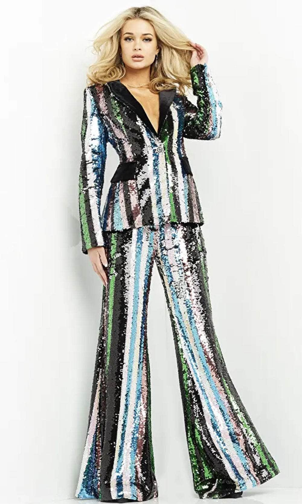 Jovani M02942 - Plunging V-Neck Sequin Pantsuit Formal Pantsuit 00  Multi