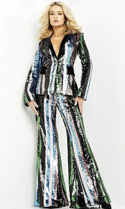 Jovani M02942 - Plunging V-Neck Sequin Pantsuit Formal Pantsuit