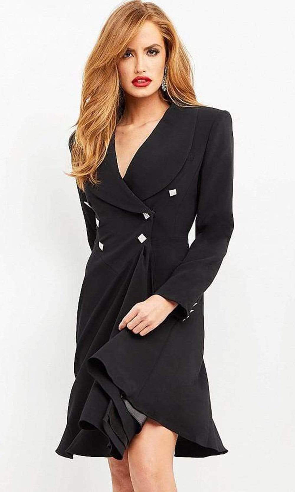 Jovani - M04302 Long Sleeve Collared Wrap Style Dress Special Occasion Dress In Black