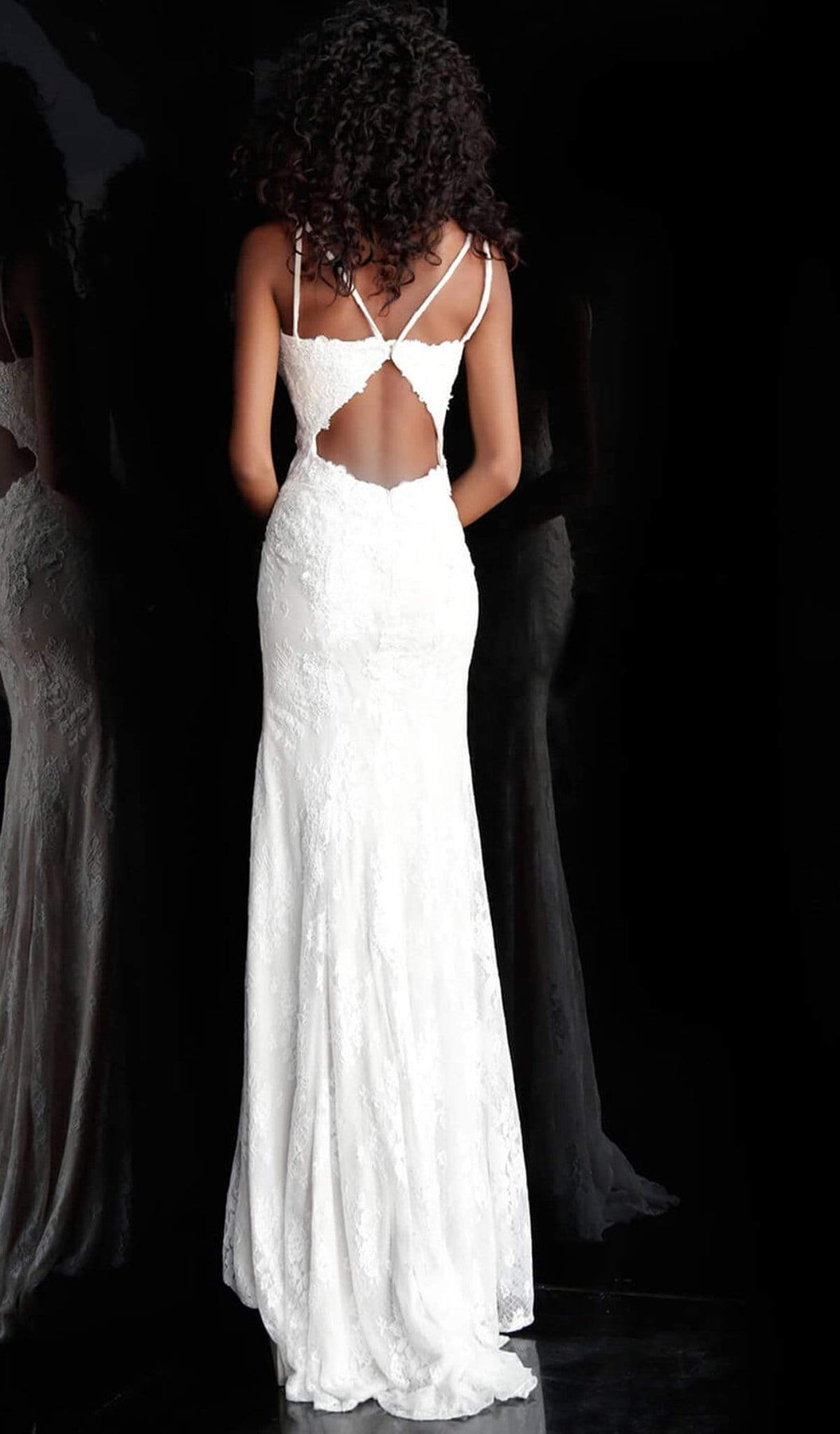 Jovani - Plunging V-Neck Lace Trumpet Dress With Train JVN66971SC - 1 pc Ivory in Size 2 Available CCSALE