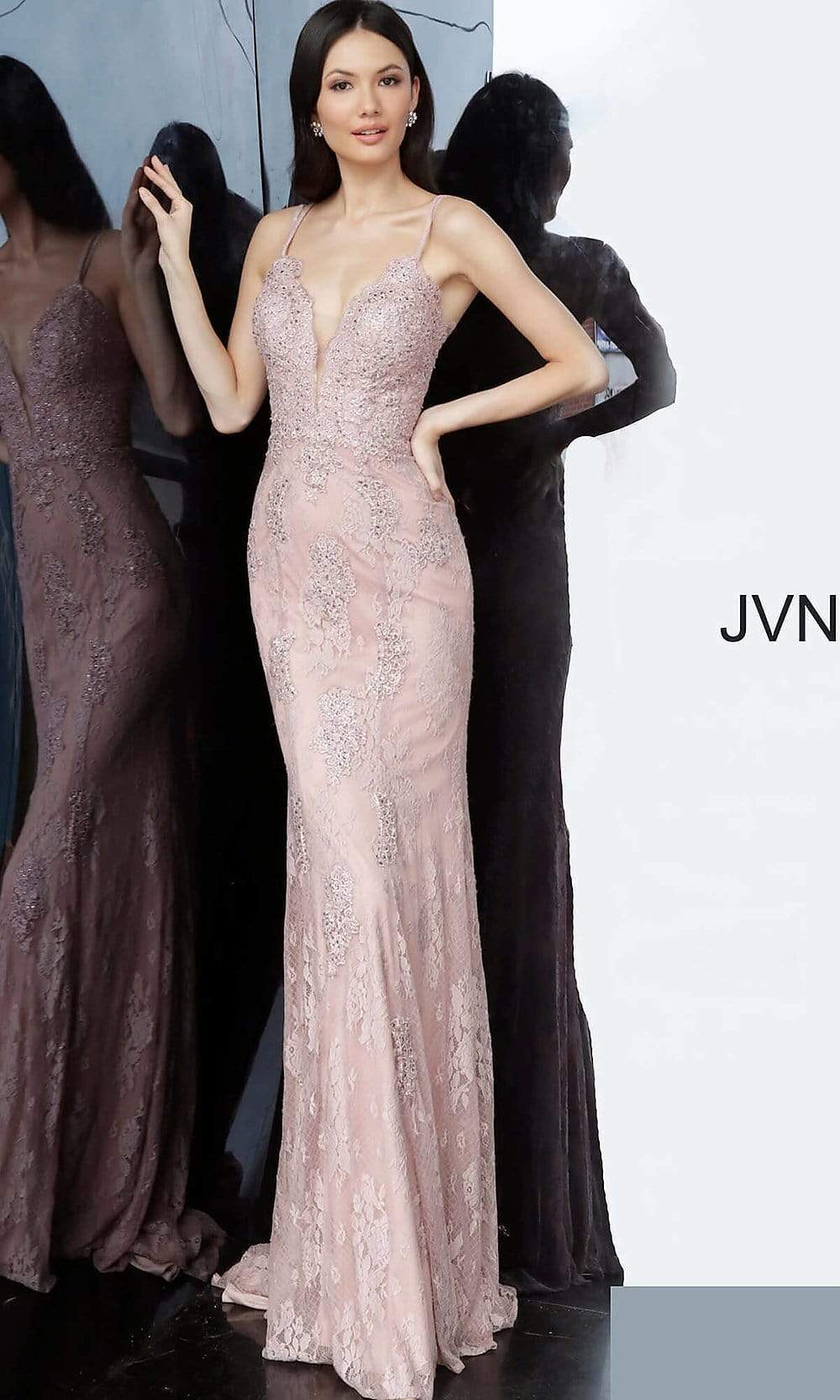 Jovani - Plunging V-Neck Lace Trumpet Dress With Train JVN66971SC CCSALE 6 / Dusty Pink