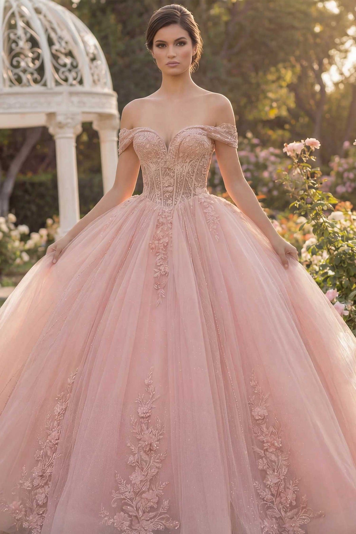 Jovani Q44558 - Off Shoulder Glitter Tulle Ballgown