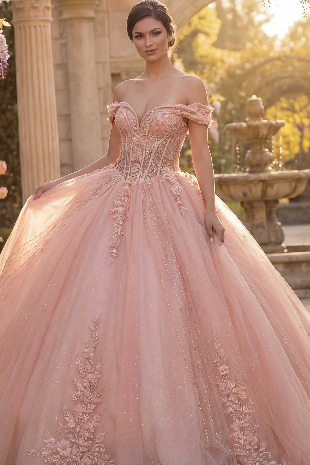 Jovani Q44558 - Off Shoulder Glitter Tulle Ballgown