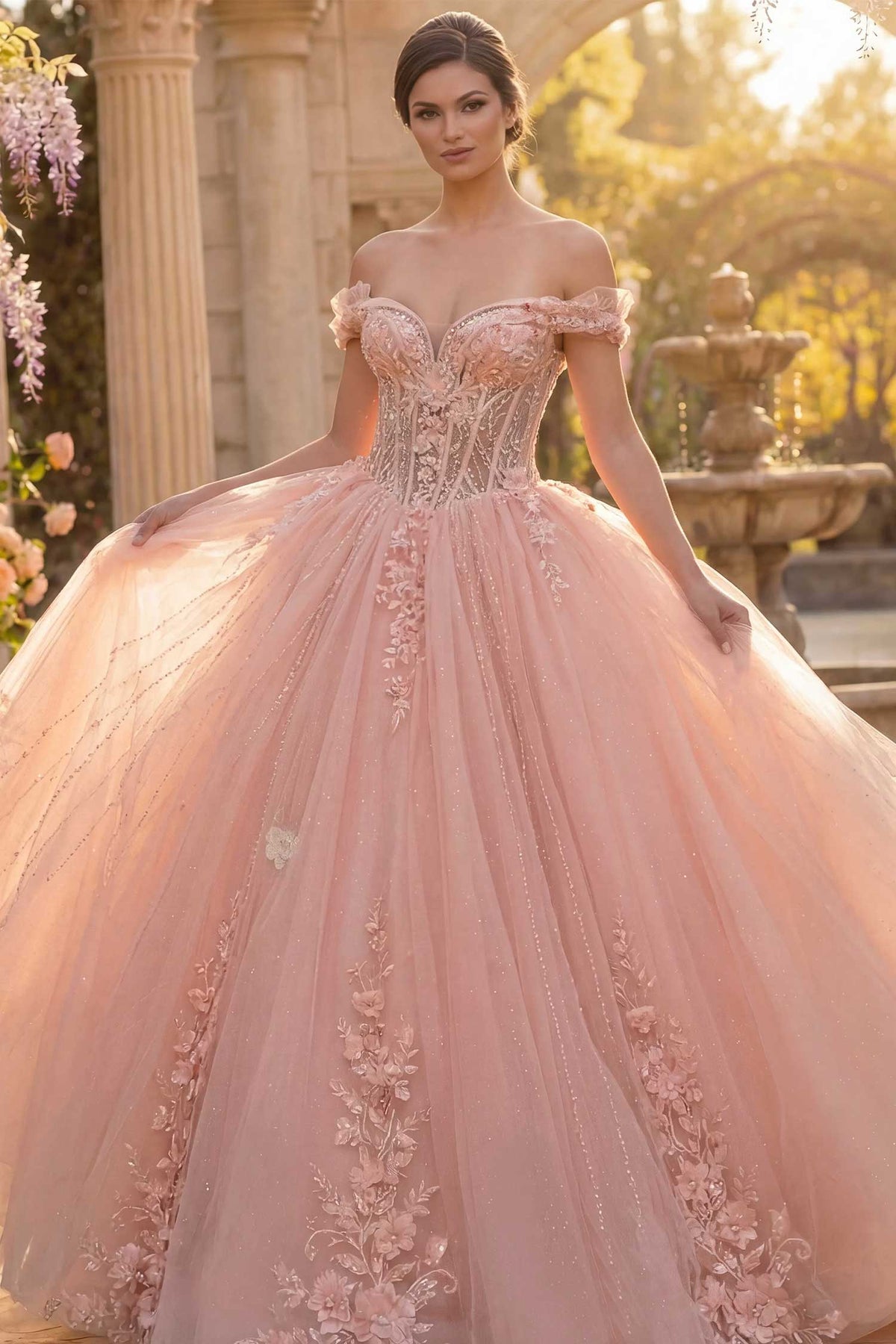 Jovani Q44558 - Off Shoulder Glitter Tulle Ballgown