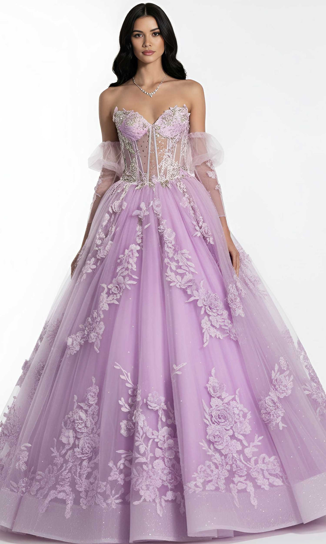Jovani Q46664 - Floral Embroidered Puff Sleeve Ballgown