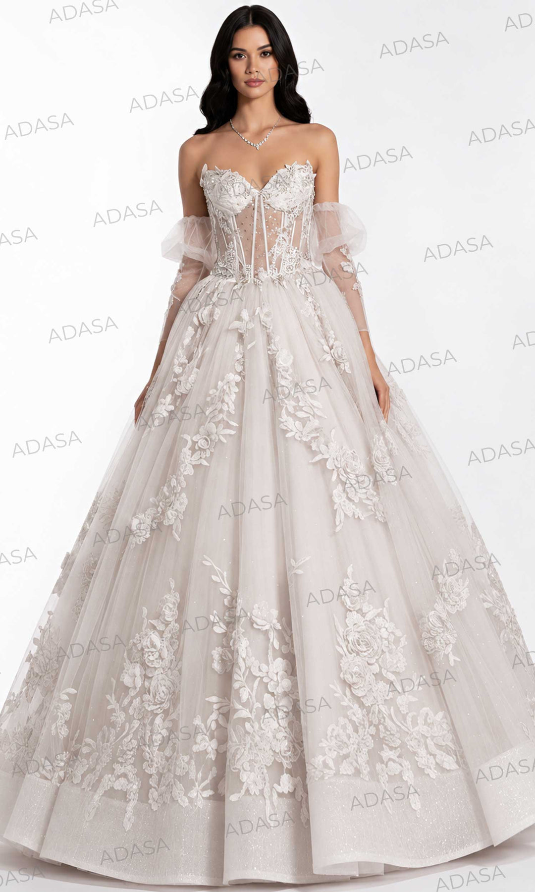Jovani Q46664 - Floral Embroidered Puff Sleeve Ballgown