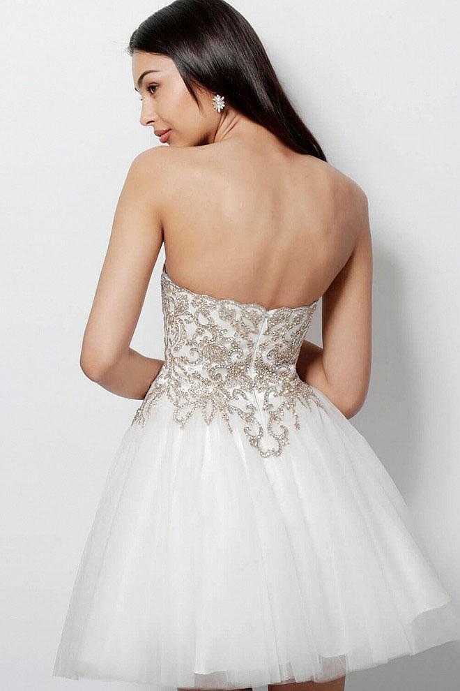Jovani - Strapless Mesh A-line Cocktail Dress JVN63635 CCSALE 4 / Off White/Gold