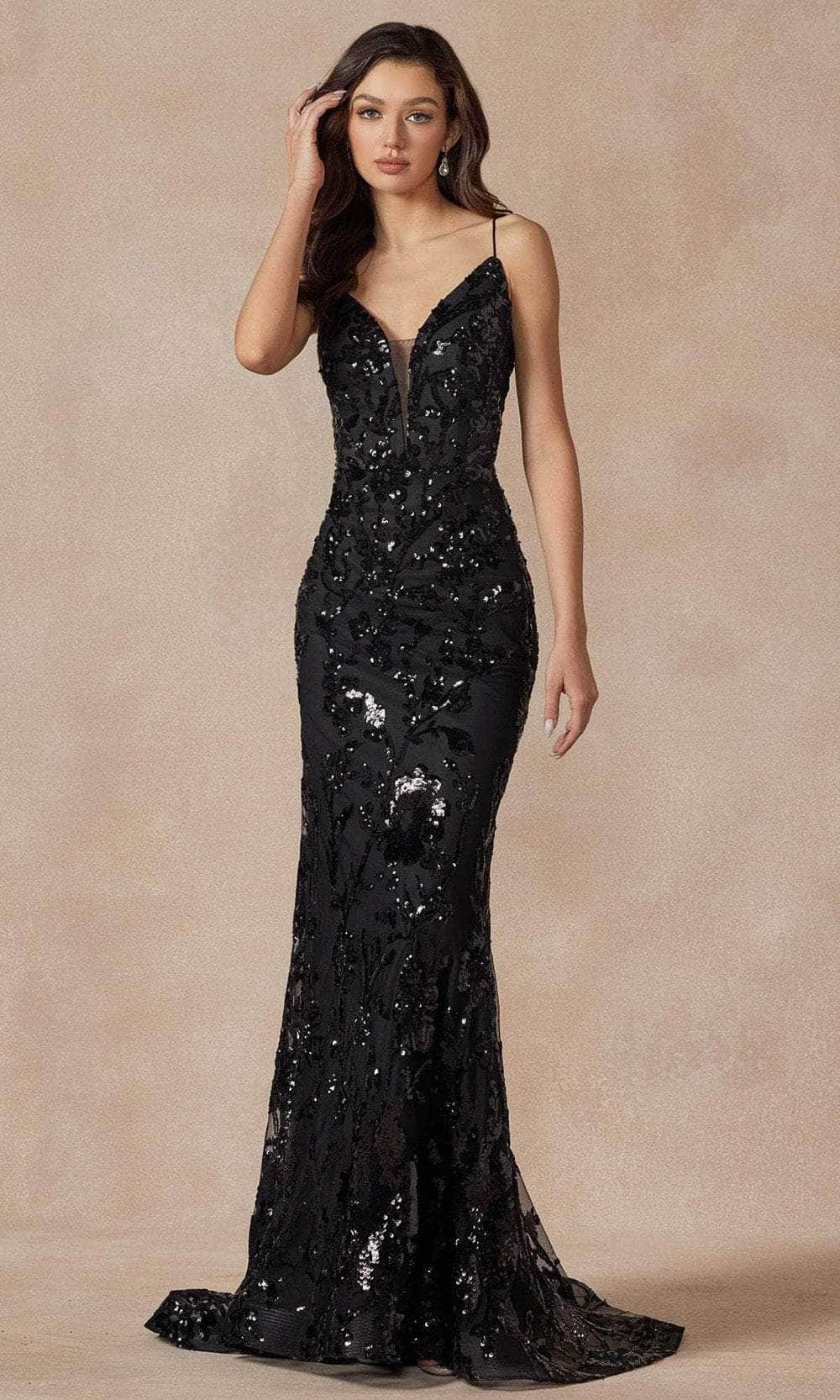 Juliet Dresses 2411 - Lace-Up Cutout Back Prom Gown Evening Dresses XS / Black