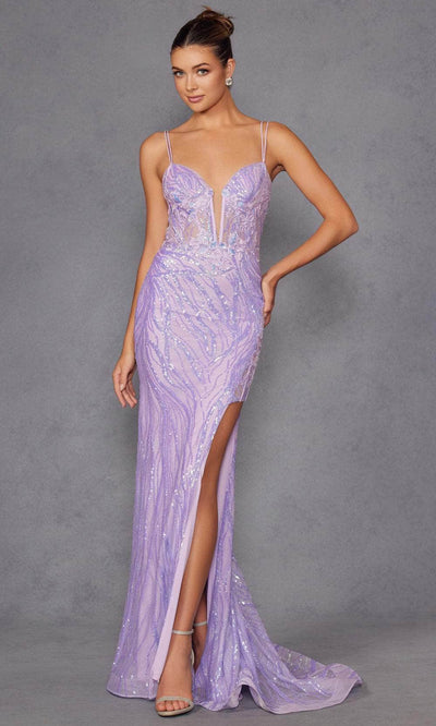 Juliet Dresses 2473R - Plunging Sequin Mesh Evening Gown Prom Dresses