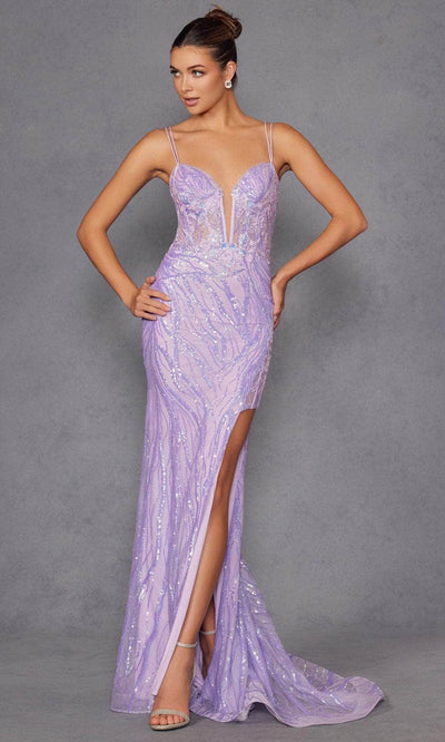 Juliet Dresses 2473R - Plunging Sequin Mesh Evening Gown Prom Dresses