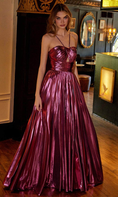 Juliet Dresses 2503A - Halter Pleated Gown with Slit Prom Dresses