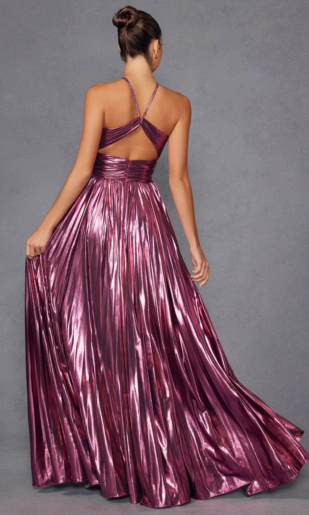 Juliet Dresses 2503A - Halter Pleated Gown with Slit Prom Dresses