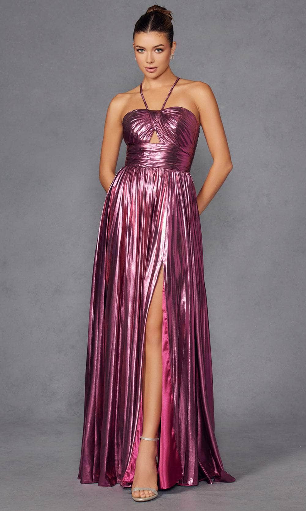Juliet Dresses 2503A - Halter Pleated Gown with Slit Prom Dresses