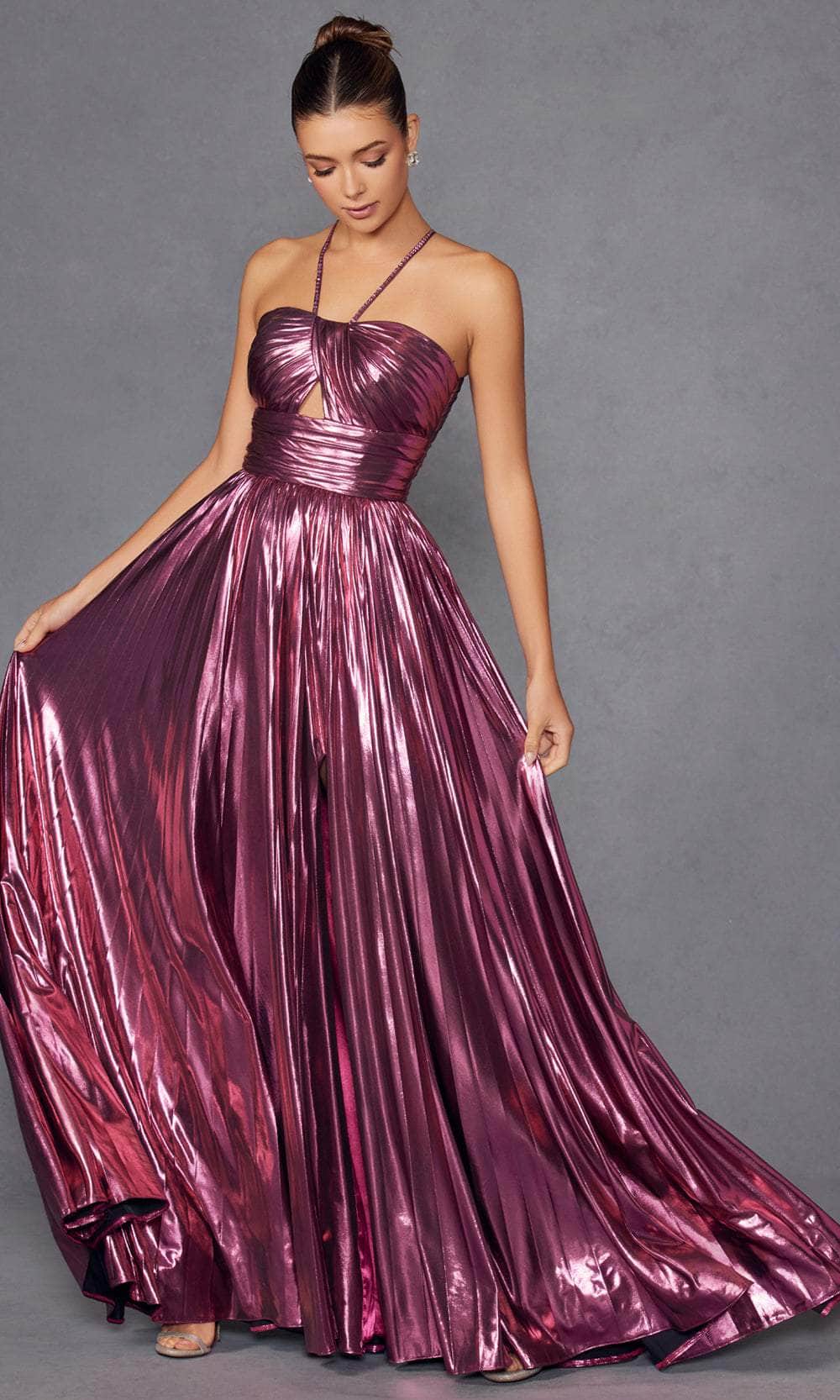 Juliet Dresses 2503A - Halter Pleated Gown with Slit Prom Dresses