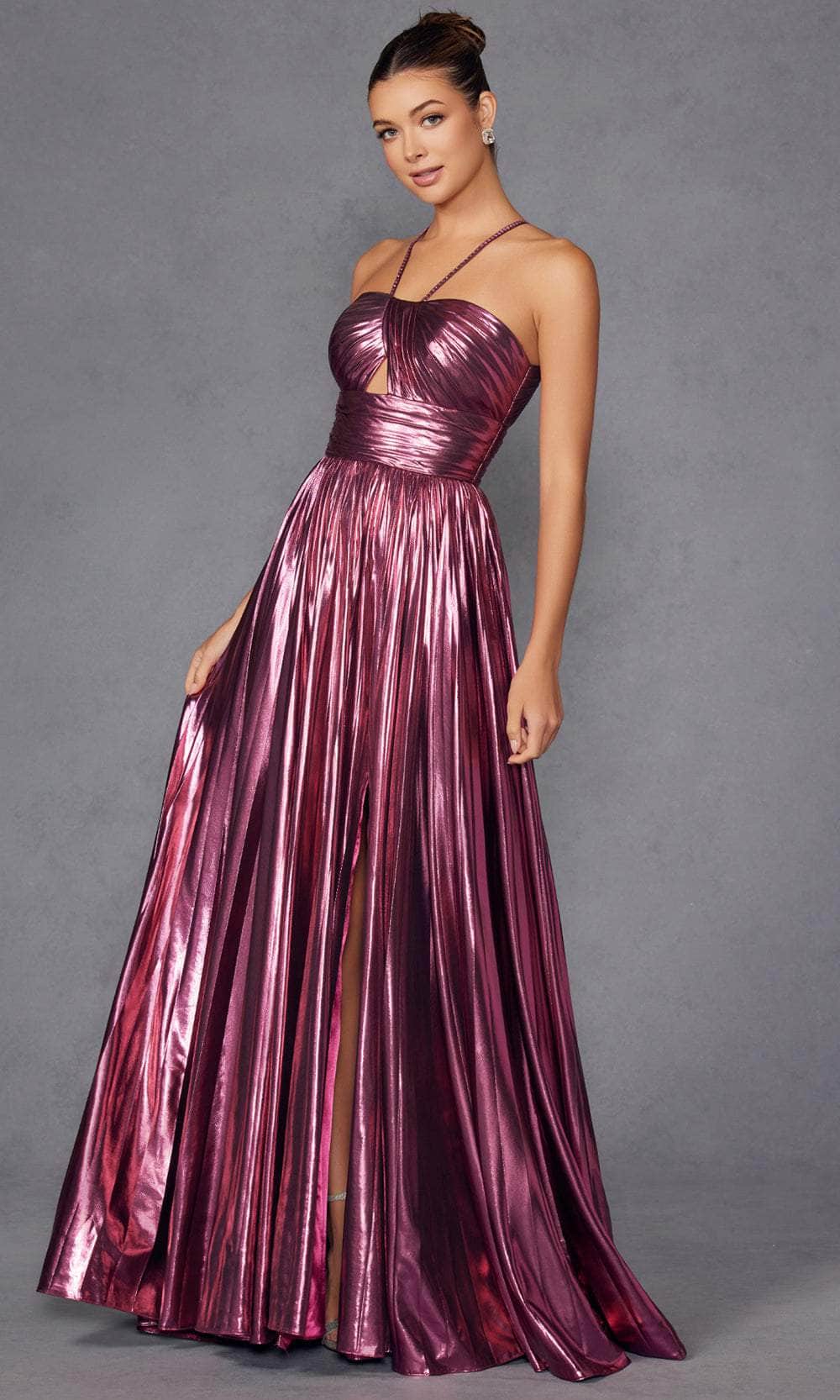 Juliet Dresses 2503A - Halter Pleated Gown with Slit Prom Dresses