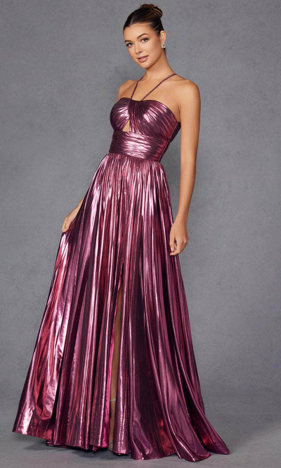 Juliet Dresses 2503A - Halter Pleated Gown with Slit Prom Dresses