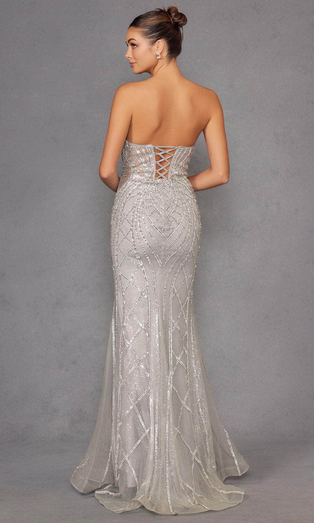 Juliet Dresses 2525L - Plunging V-Neck Geometric Beaded Sheath Gown Prom Dresses