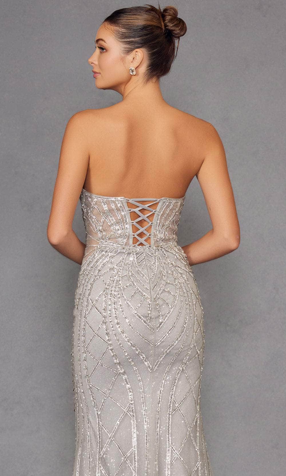 Juliet Dresses 2525L - Plunging V-Neck Geometric Beaded Sheath Gown Prom Dresses