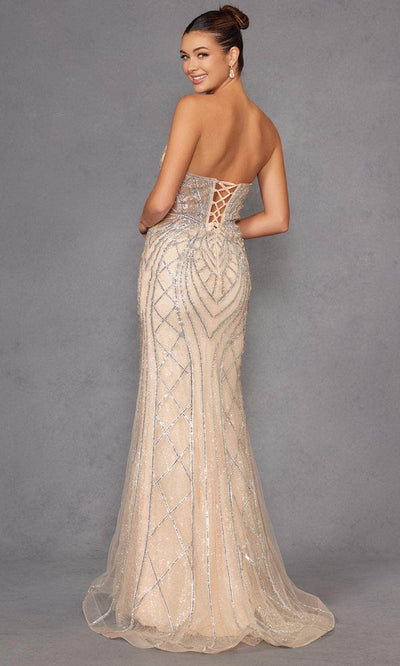Juliet Dresses 2525L - Plunging V-Neck Geometric Beaded Sheath Gown Prom Dresses