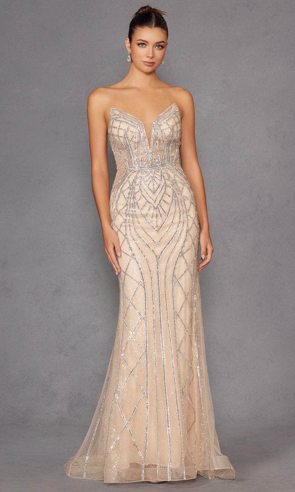 Juliet Dresses 2525L - Plunging V-Neck Geometric Beaded Sheath Gown Prom Dresses