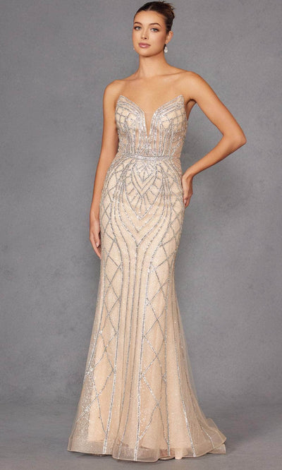 Juliet Dresses 2525L - Plunging V-Neck Geometric Beaded Sheath Gown Prom Dresses 2 / Champagne / Silver