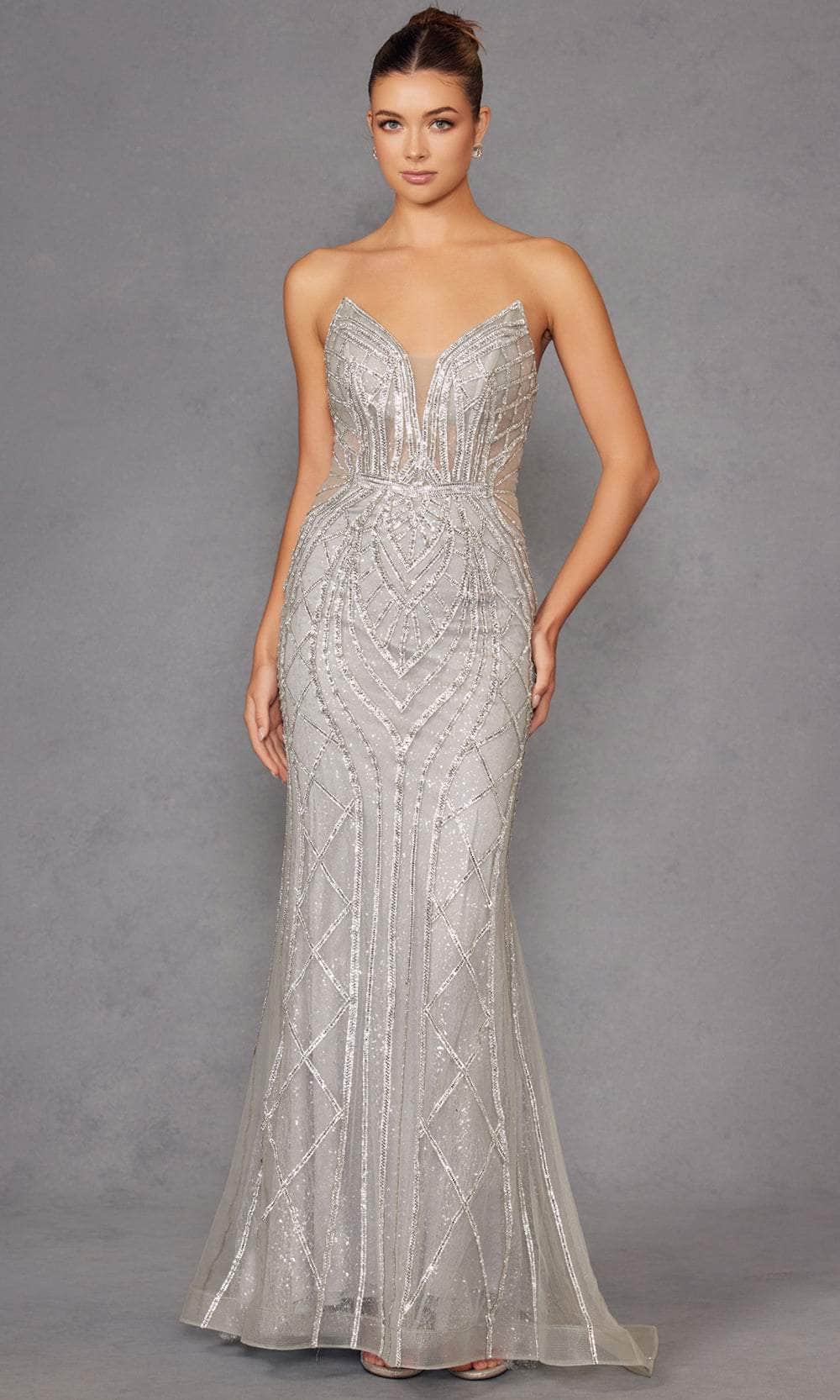 Juliet Dresses 2525L - Plunging V-Neck Geometric Beaded Sheath Gown Prom Dresses 2 / Silver / Silver