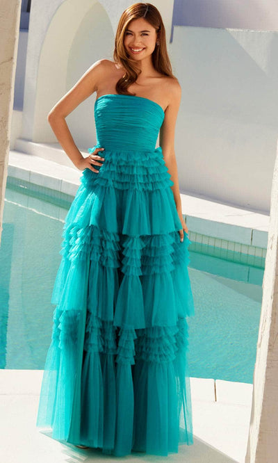 Juliet Dresses 2542S - Tulle Gown with Tiered Ruffles Slit Prom Dresses