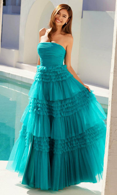 Juliet Dresses 2542S - Tulle Gown with Tiered Ruffles Slit Prom Dresses