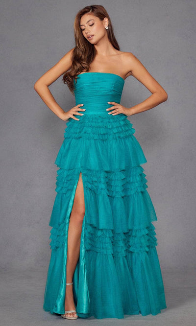 Juliet Dresses 2542S - Tulle Gown with Tiered Ruffles Slit Prom Dresses