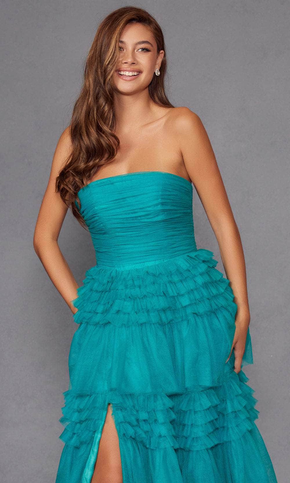 Juliet Dresses 2542S - Tulle Gown with Tiered Ruffles Slit Prom Dresses