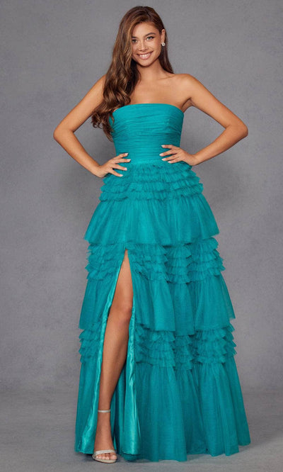 Juliet Dresses 2542S - Tulle Gown with Tiered Ruffles Slit Prom Dresses