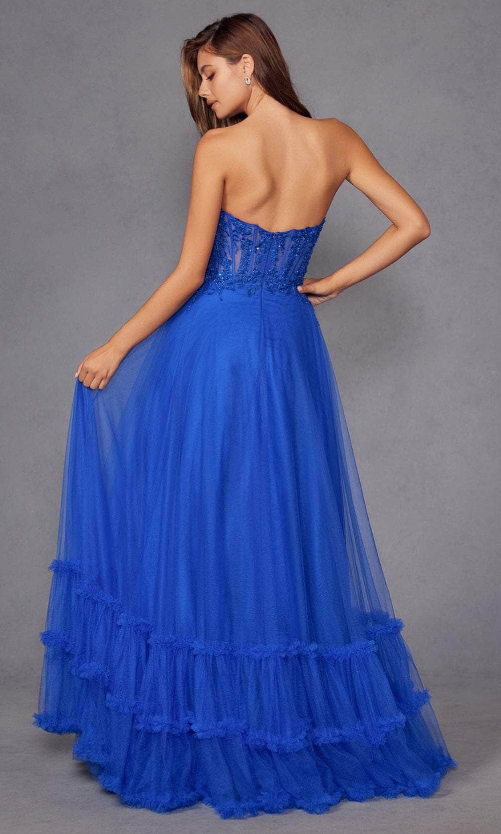 Juliet Dresses 2561S - Lace Applique Strapless Ruffled Gown Prom Dresses