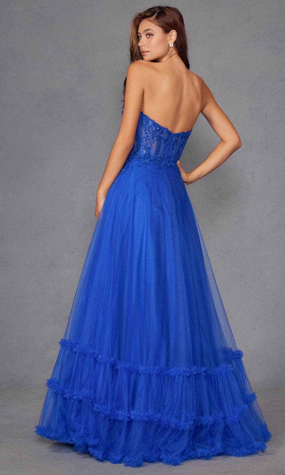 Juliet Dresses 2561S - Lace Applique Strapless Ruffled Gown Prom Dresses