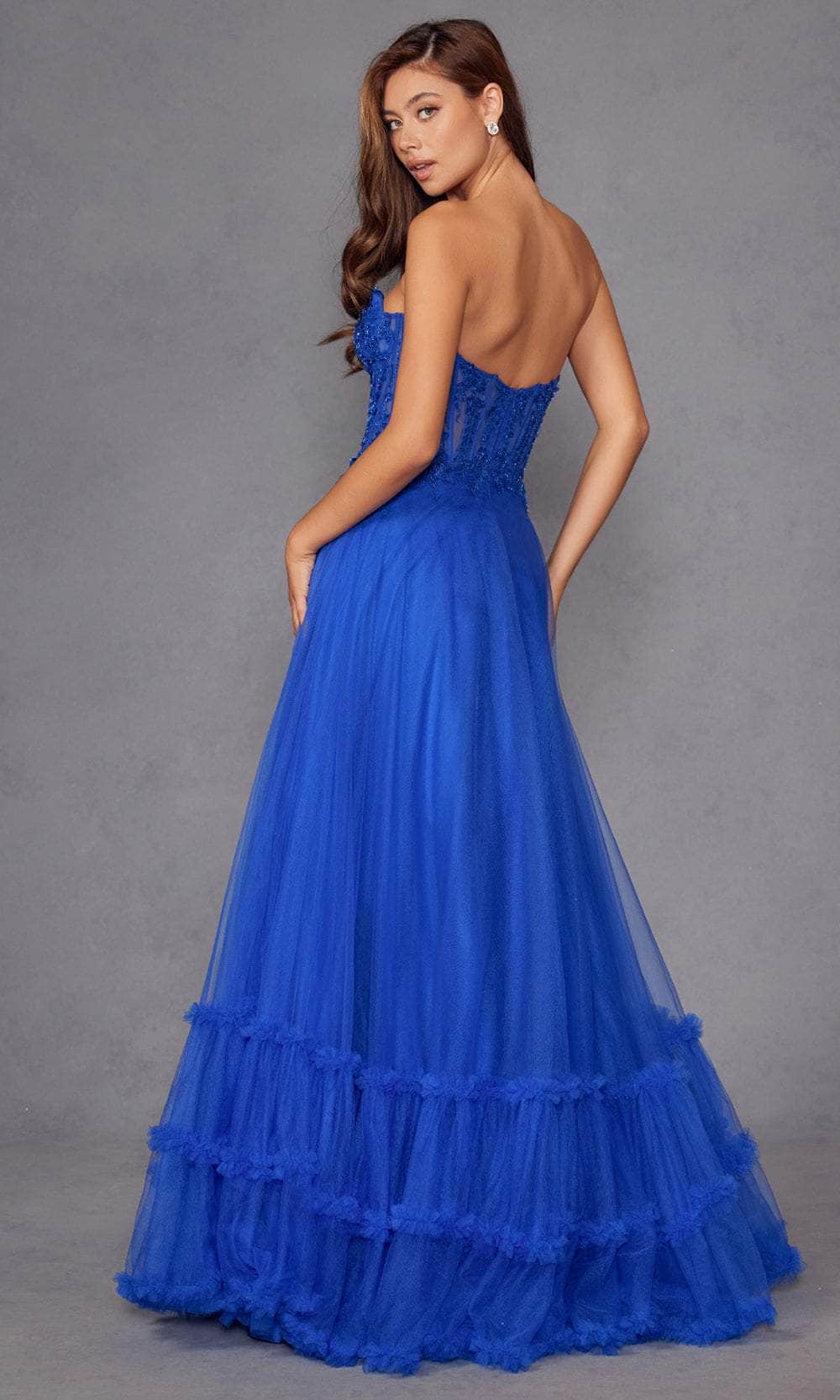 Juliet Dresses 2561S - Lace Applique Strapless Ruffled Gown Prom Dresses