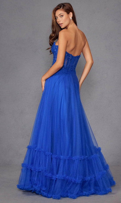 Juliet Dresses 2561S - Lace Applique Strapless Ruffled Gown Prom Dresses