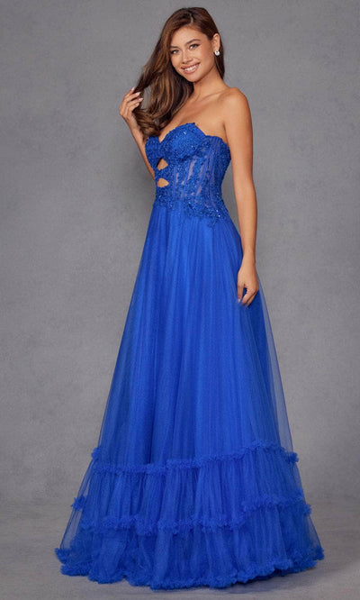 Juliet Dresses 2561S - Lace Applique Strapless Ruffled Gown Prom Dresses