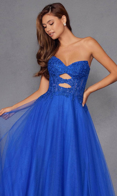 Juliet Dresses 2561S - Lace Applique Strapless Ruffled Gown Prom Dresses