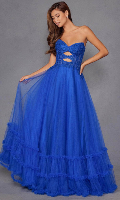 Juliet Dresses 2561S - Lace Applique Strapless Ruffled Gown Prom Dresses