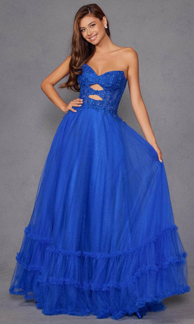Juliet Dresses 2561S - Lace Applique Strapless Ruffled Gown Prom Dresses