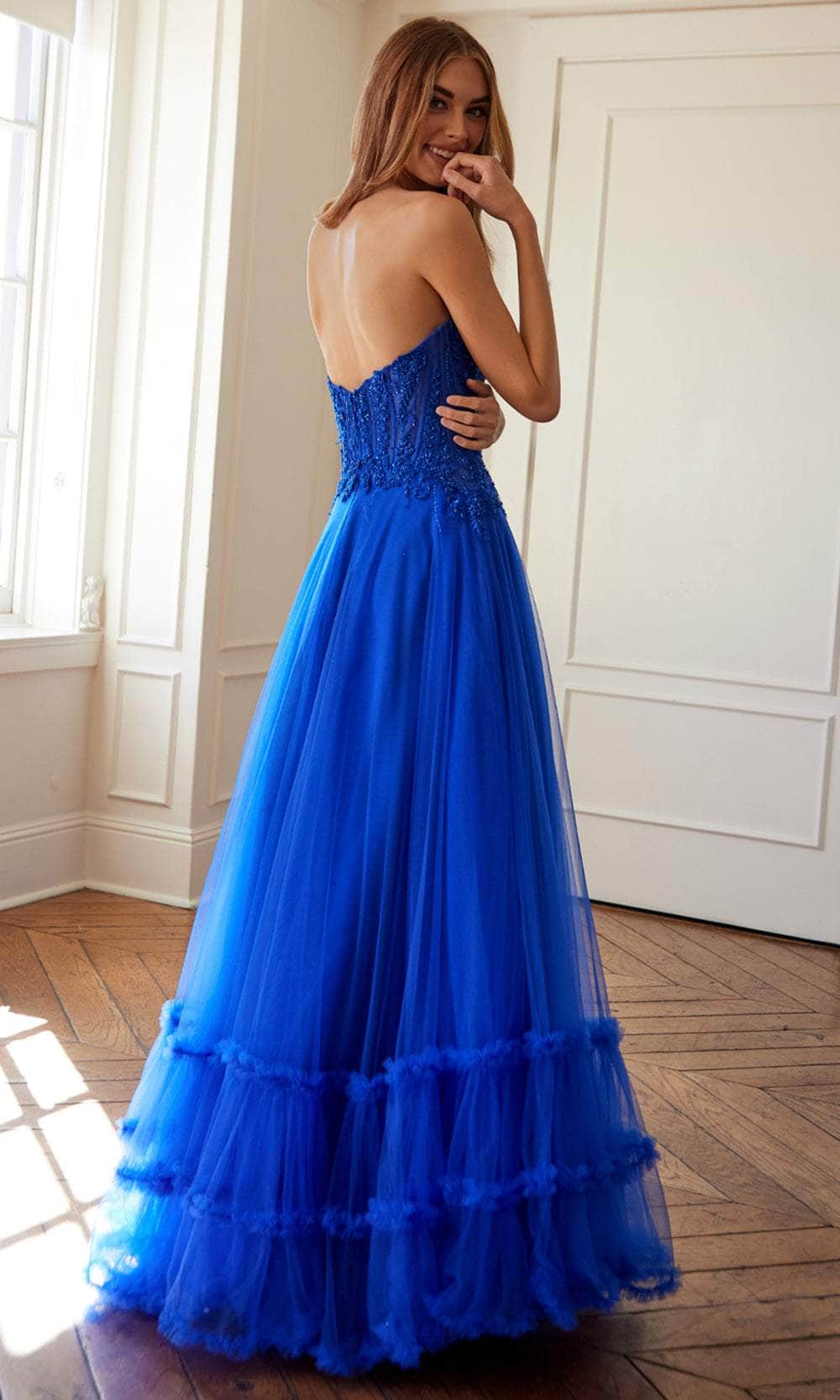 Juliet Dresses 2561S - Lace Applique Strapless Ruffled Gown Prom Dresses