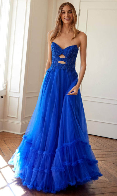 Juliet Dresses 2561S - Lace Applique Strapless Ruffled Gown Prom Dresses